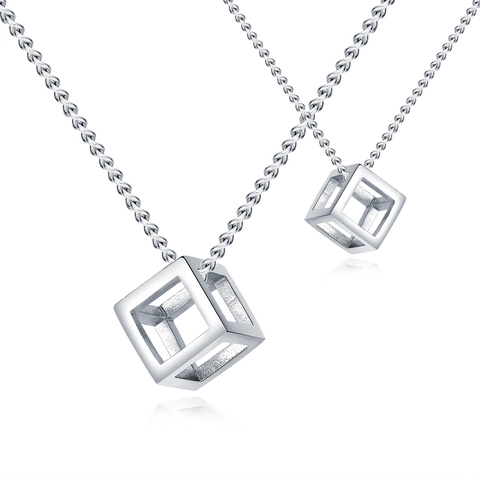 Minimalist Hollow Geometric Cube Pendant Necklace For Men Women Vintage Industrial Style Curb Chain Accessory Jewelry