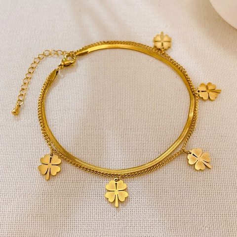 Doppelreihige Edelstahl Vierblättriges Kleeblatt Fußkette Für Damen Vergoldet Schlangenkette Minimalistischer Sommer Strandschmuck