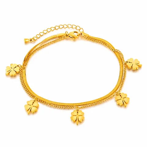Doppelreihige Edelstahl Vierblättriges Kleeblatt Fußkette Für Damen Vergoldet Schlangenkette Minimalistischer Sommer Strandschmuck
