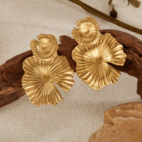Irregular Flower Petal Stud Earrings For Women Stainless Steel Gold Plated Radiating Texture Fashion Commute Jewelry