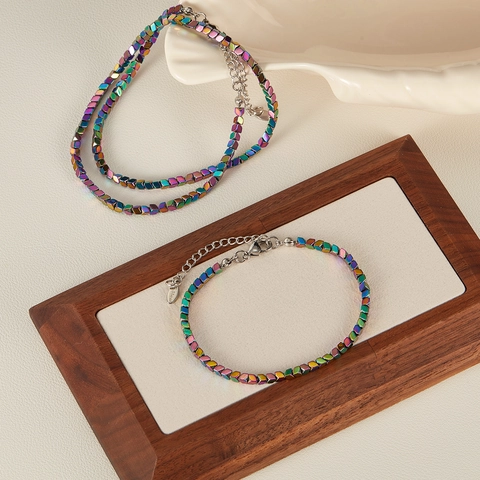 Iridiserende Regenboog Hematiet Geometrische Kubus Kralen Halsketting En Armband Roestvrij Stalen Sluiting Vrouwen Sieraden