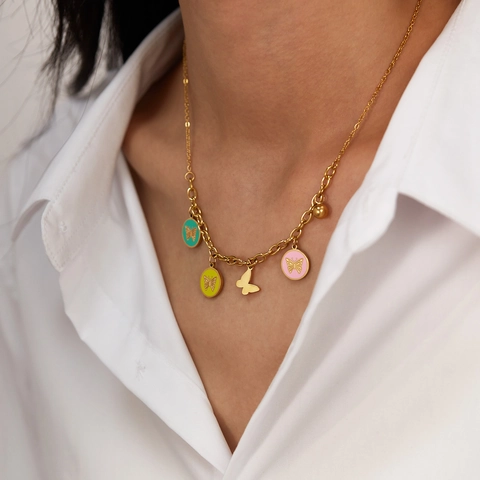 Edelstahl Gold Beschichtete Schmetterling Anhänger Halskette Bunte Emaille Charms Französischer Stil Schmuck Für Damen Mädchen