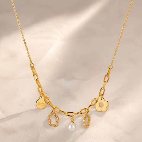 Collana a Catena Giuntata in Acciaio Inossidabile per Donna Ciondolo Fiore Cavo Dorato Perla Artificiale Gioielli Lucky Charm