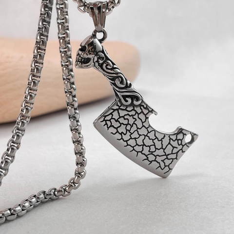 Punk Gothic Stainless Steel Skull Cleaver Pendant Necklace For Men Hip Hop Vintage Textured Knife Charm Jewelry Box Chain Necklace