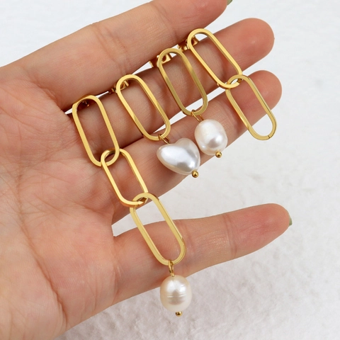 Orecchini Pendenti in Acciaio Inossidabile con Perla d'Acqua Dolce Vintage Francese Donna Elegante Placcati Oro