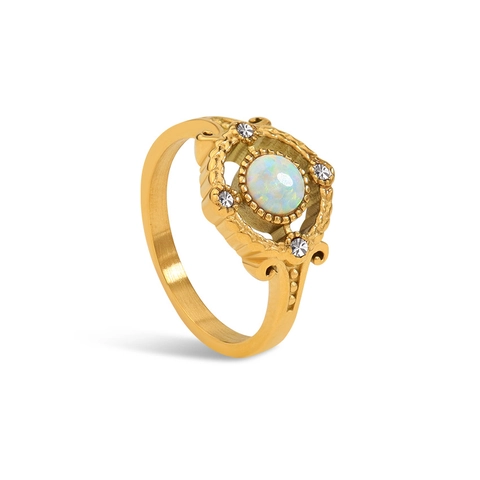 Vintage Stainless Steel Ring For Women With Artificial Opal And Rhinestone Hollow Carved Ship Rudder Bohemian Palace Ring