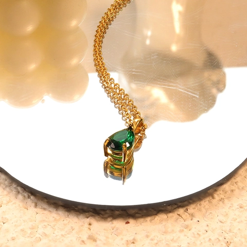 Roestvrijstalen Smaragd Zirkonia Waterdruppel Hanger Halsketting Verguld Traan Groene Edelsteen Ketting Voor Dames
