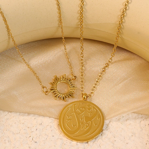 Collar de Acero Inoxidable para Mujer Chapado en Oro 18K Caligrafía Árabe Moneda Redonda Colgante Sol Capas Joyería Bohemia