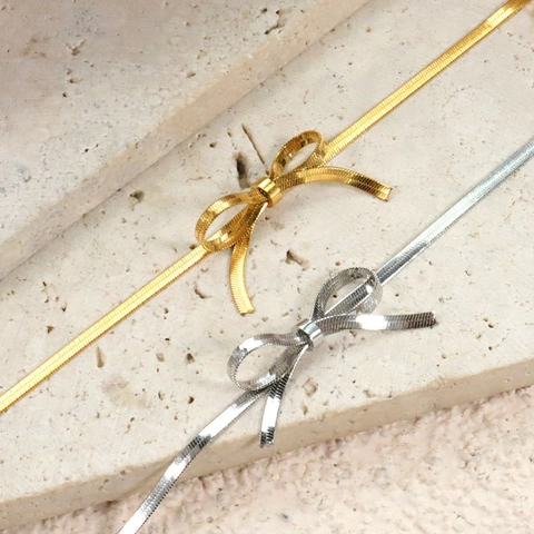 Minimalistische Edelstahl Schleife Anhänger Halskette Für Damen 18K Vergoldet Schlangenkette Mode Schmuck