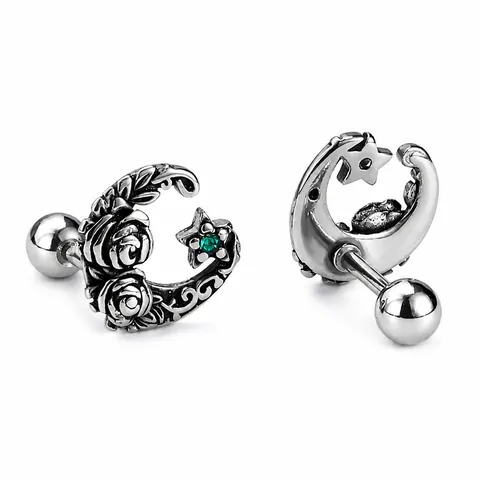 Vintage Stainless Steel Rose Crescent Moon Stud Earrings For Men Women Green Rhinestone Star Gothic Jewelry Earrings