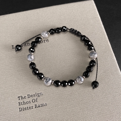 Bracciale in Acciaio Inossidabile con Agata Nera e Pietra Paesaggio per Uomo e Donna Corda Intrecciata Regolabile Gioiello Unisex