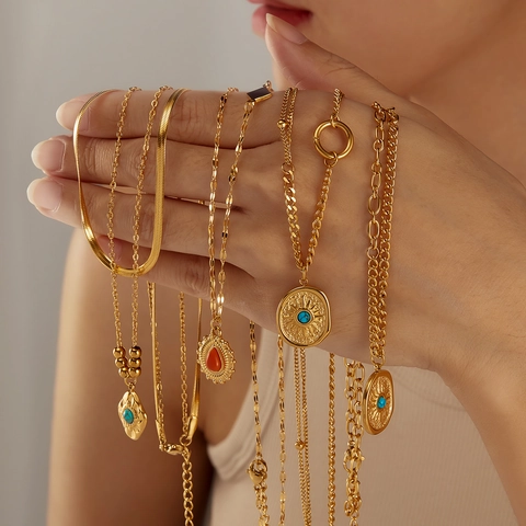 Vintage French Style Stainless Steel Necklace For Women Geometric Natural Stone Pendant Sun Pattern Bohemian Fashion Jewelry