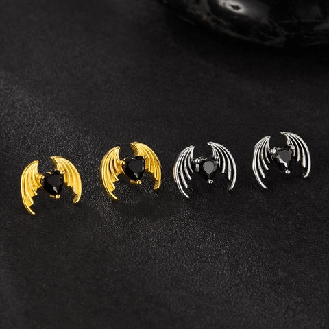 Stainless Steel Bat Wing Heart Stud Earrings With Black Rhinestone Gothic Punk Rock Jewelry For Men