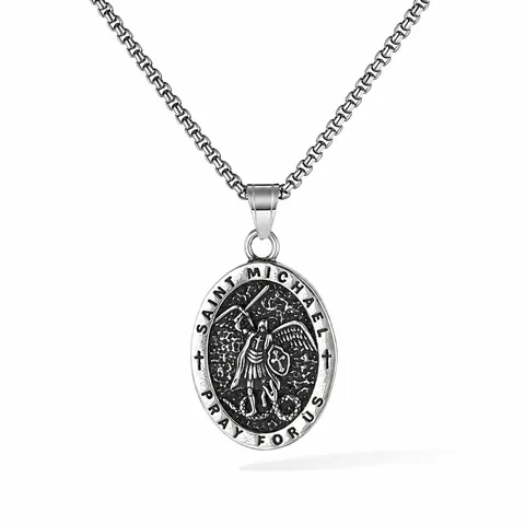 Vintage Stainless Steel Saint Michael Archangel Medallion Pendant Necklace For Men Religious Relief Amulet Jewelry Gift
