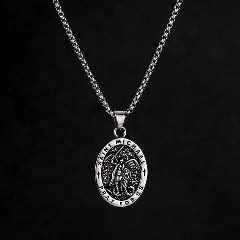 Vintage Stainless Steel Saint Michael Archangel Medallion Pendant Necklace For Men Religious Relief Amulet Jewelry Gift