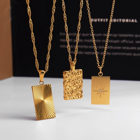 Vintage Stainless Steel Octagram Zirconia Rectangle Pendant Necklace For Women Gold Plated Hammered Texture Sunburst Jewelry Gift