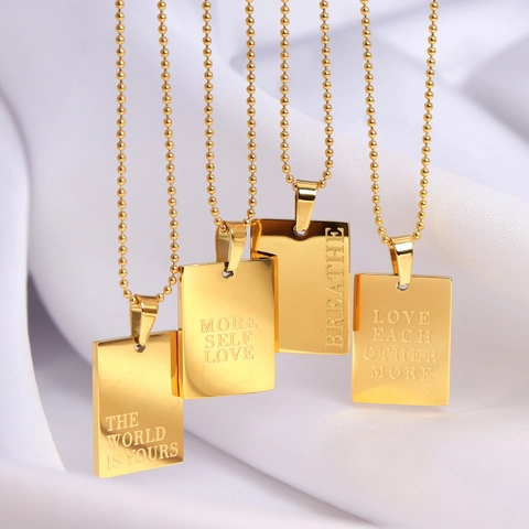 Trendige Edelstahl Rechteck Tag Anhänger Halskette Für Damen Herren Vergoldet Inspirierende Zitat Perlenkette Schmuck Geschenk