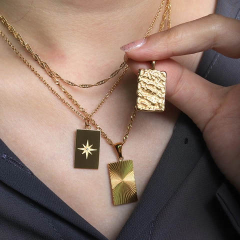 Vintage Stainless Steel Octagram Zirconia Rectangle Pendant Necklace For Women Gold Plated Hammered Texture Sunburst Jewelry Gift