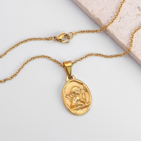 Vintage Edelstahl Engel Cherub Anhänger Halskette Für Damen Herren Gold Silber Geprägte Münze Medaillon Relief Schmuck