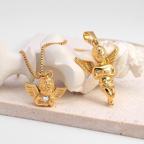 Trendy Stainless Steel Gold Plated Angel Wing Pendant Necklace For Unisex Rhinestone Heart Praying Angel Cupid Jewelry Gift