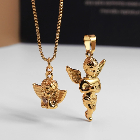 Trendy Stainless Steel Gold Plated Angel Wing Pendant Necklace For Unisex Rhinestone Heart Praying Angel Cupid Jewelry Gift