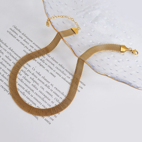 Vintage Stainless Steel Mesh Chain Necklace For Women Gold Plated Exaggerated Statement Choker Fashion Jewelry Necklace