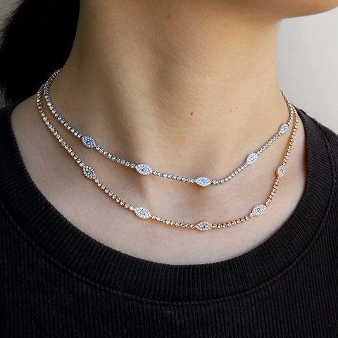 Stainless Steel Evil Eye Tennis Chain Necklace Bracelet For Women Men Gold Silver Plated Rhinestone Personalized Fashion Jewelry
