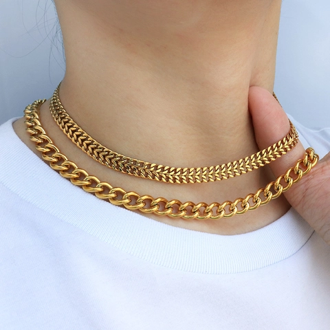 Unisex Επιχρυσωμένο 18K Ανοξείδωτο Ατσάλι Κουβανέζικο Link Κολιέ Βραχιόλι Σετ Πανκ Χιπ Χοπ Κοσμήματα για Άνδρες Γυναίκες
