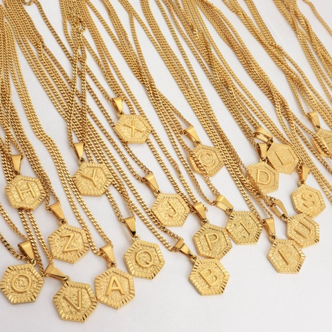 Μόδα Επιχρυσωμένο 18K Ανοξείδωτο Ατσάλι Εξάγωνο Κολιέ Με Αρχικά Για Γυναίκες Σφυρήλατη Υφή A-Z Κεφαλαίο Γράμμα Μενταγιόν Κόσμημα