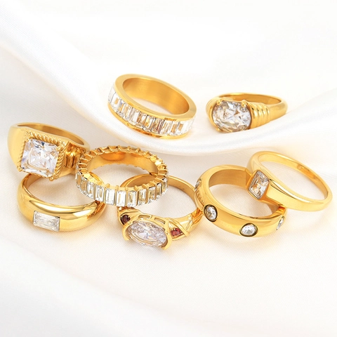 Anillo De Eternidad De Strass Con Corte Baguette De Acero Inoxidable Chapado En Oro Joyas Para Dedos Con Piedra Transparente Cuadrada Para Mujer