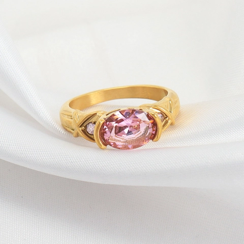 Bague Élégante En Acier Inoxydable Plaqué Or 18K Luxe Zircon Rose Rond Bague Solitaire Pour Femmes Bijou De Haute Qualité