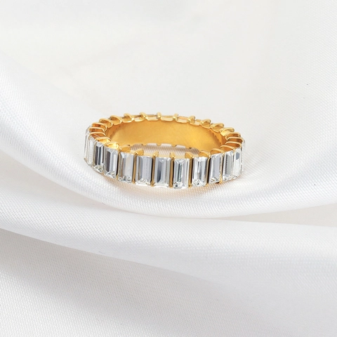 Anillo De Eternidad De Strass Con Corte Baguette De Acero Inoxidable Chapado En Oro Joyas Para Dedos Con Piedra Transparente Cuadrada Para Mujer