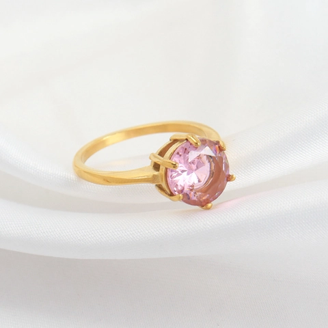 Bague Élégante En Acier Inoxydable Plaqué Or 18K Luxe Zircon Rose Rond Bague Solitaire Pour Femmes Bijou De Haute Qualité