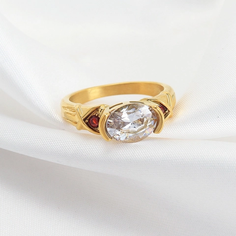 Vintage Stainless Steel Ring With Oval Clear Zircon And Red Gemstone Accents Striped Gold Band For Women Party Jewelry