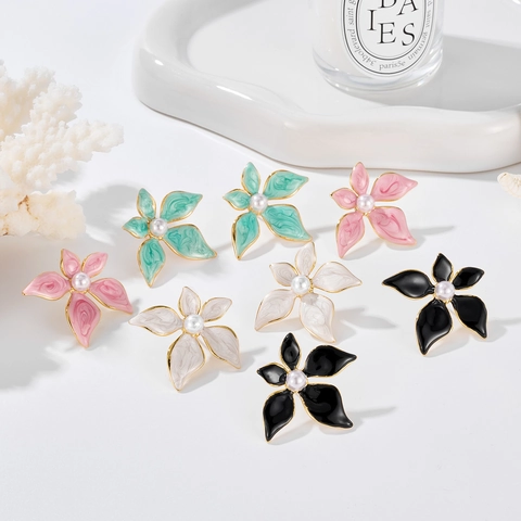 Opk Français Élégant Boucles d'Oreilles Clous en Acier Inoxydable Fleur Pour Femmes Rétro Mode Perle Artificielle Émail Bijoux