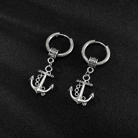 Boucles d'Oreilles Anneaux Pendantes Ancre Vintage pour Hommes Acier Inoxydable Titane Hip Hop Punk Nautique Ton Argent
