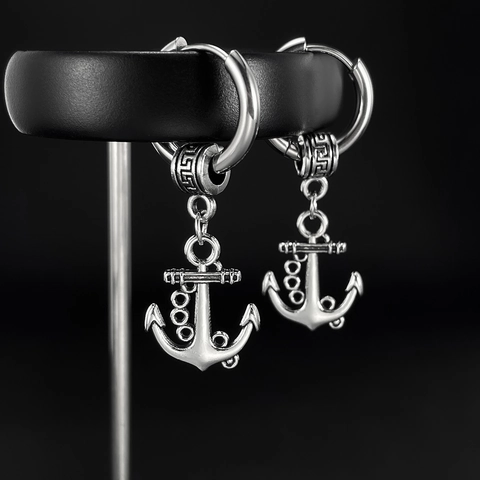 Boucles d'Oreilles Anneaux Pendantes Ancre Vintage pour Hommes Acier Inoxydable Titane Hip Hop Punk Nautique Ton Argent