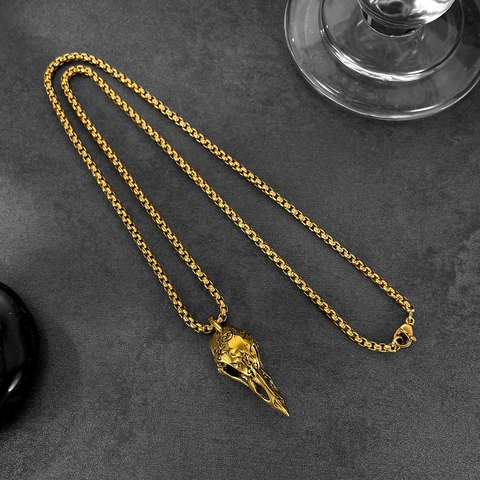 Gothic Bird Skull Pendant Necklace For Men Stainless Steel Vintage Punk Raven Crow Skull Carved Jewelry Gift Gold Silver