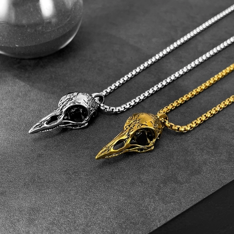 Gothic Bird Skull Pendant Necklace For Men Stainless Steel Vintage Punk Raven Crow Skull Carved Jewelry Gift Gold Silver