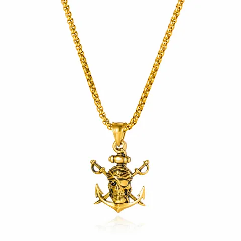 Men Stainless Steel Pirate Skull Pendant Necklace Gothic Punk Anchor Crossed Swords Hip Hop Retro Jewelry Accessory