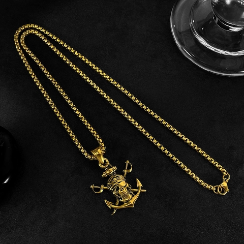 Men Stainless Steel Pirate Skull Pendant Necklace Gothic Punk Anchor Crossed Swords Hip Hop Retro Jewelry Accessory