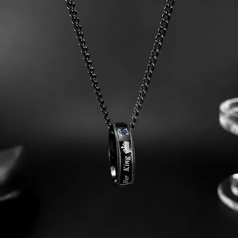 Black Titanium Steel Crown Ring Pendant Necklace Her King His Queen Matching Couple Jewelry With Blue Pink Cubic Zirconia