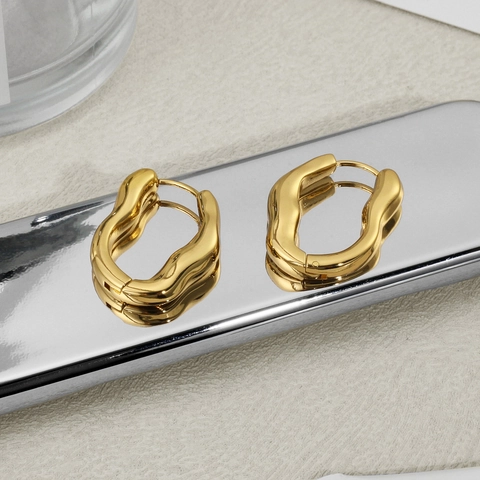 Orecchini a Cerchio a Onda Geometrici Irregolari in Acciaio Inossidabile Placcato Oro Stile Lava Fusa Gioielli alla Moda da Donna