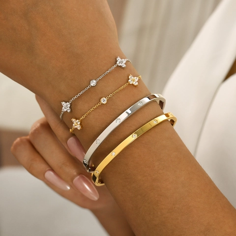 OPK Stainless Steel Zirconia Bracelet For Women Minimalist Clover Flower Inlaid Bangle Elegant Gold Silver Color Jewelry Gift