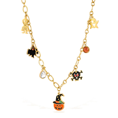 Collier Pendentif Halloween en Acier Inoxydable Plaqué Or Fantôme Citrouille Squelette Chauve-souris Émail Breloques Zirconia Bijoux Femme Fête