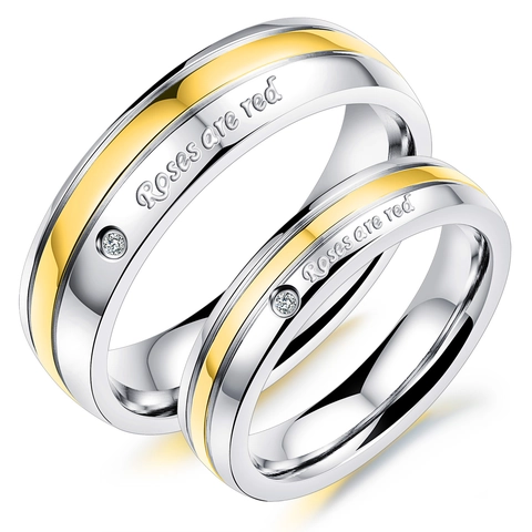 Bague de Couple en Acier Inoxydable Bicolore Plaqué Or Argent Gravé Roses Are Red Zirconium Simple Pour Hommes Femmes