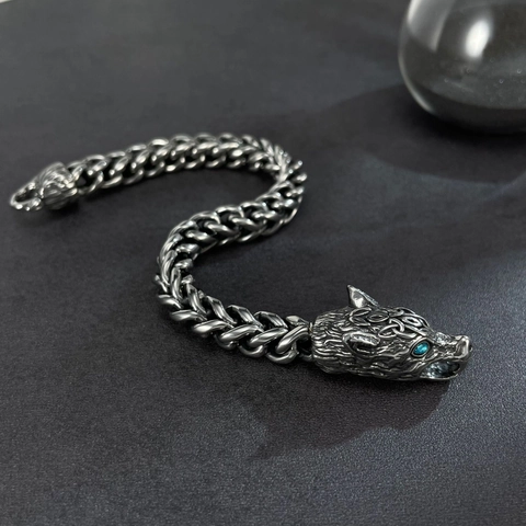 Bracciale da Uomo in Acciaio Inossidabile con Testa di Lupo Retrò Diffusore per Aromaterapia Punk Catena Intrecciata Gioielli