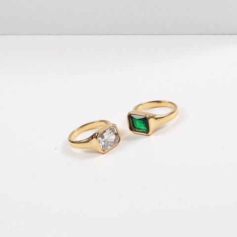 Emerald Cut Zircon Stainless Steel Ring 18K Gold Plated Rectangle Gemstone Minimalist Retro Ring For Women Men Jewelry