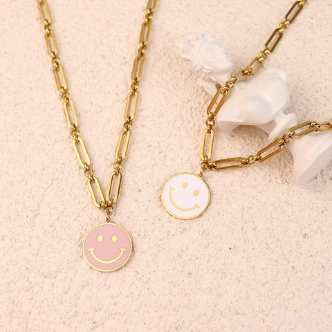 Stainless Steel Smiley Face Pendant Necklace Gold Plated Enamel Paperclip Chain Jewelry For Women Men Daily Decoration