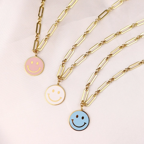 Stainless Steel Smiley Face Pendant Necklace Gold Plated Enamel Paperclip Chain Jewelry For Women Men Daily Decoration
